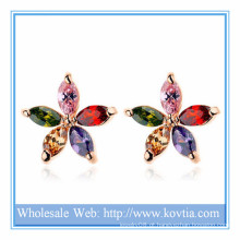 2014 Alibaba quente venda moda jóias cobre e colorido zircão AAA stud flor brinco para meninas dom